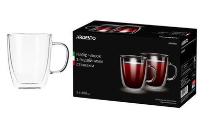 Набір чашок з ручками Ardesto з подвійними стінками, 400 мл, H 11,2 см, 2 од., боросилікатне скло AR2640GH фото
